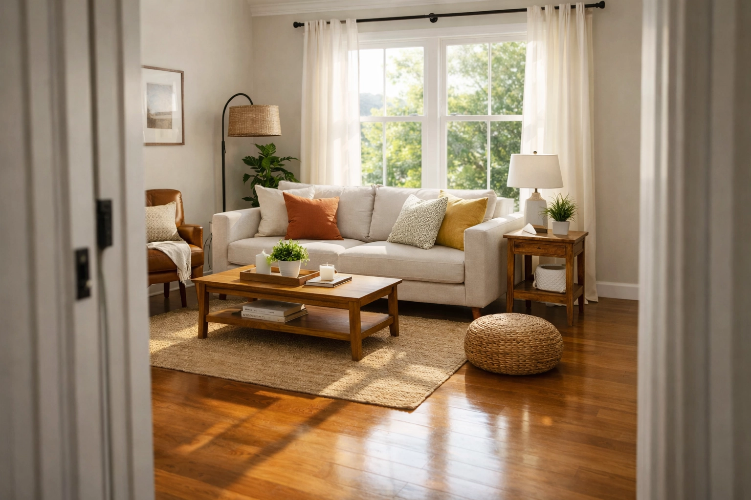 Guest-ready short-term rental living room after professional turnover cleaning service