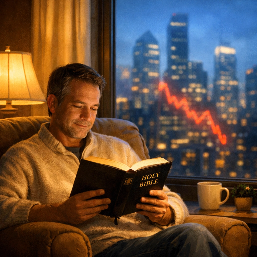 Person reading Bible for peace amid financial market volatility visible through window