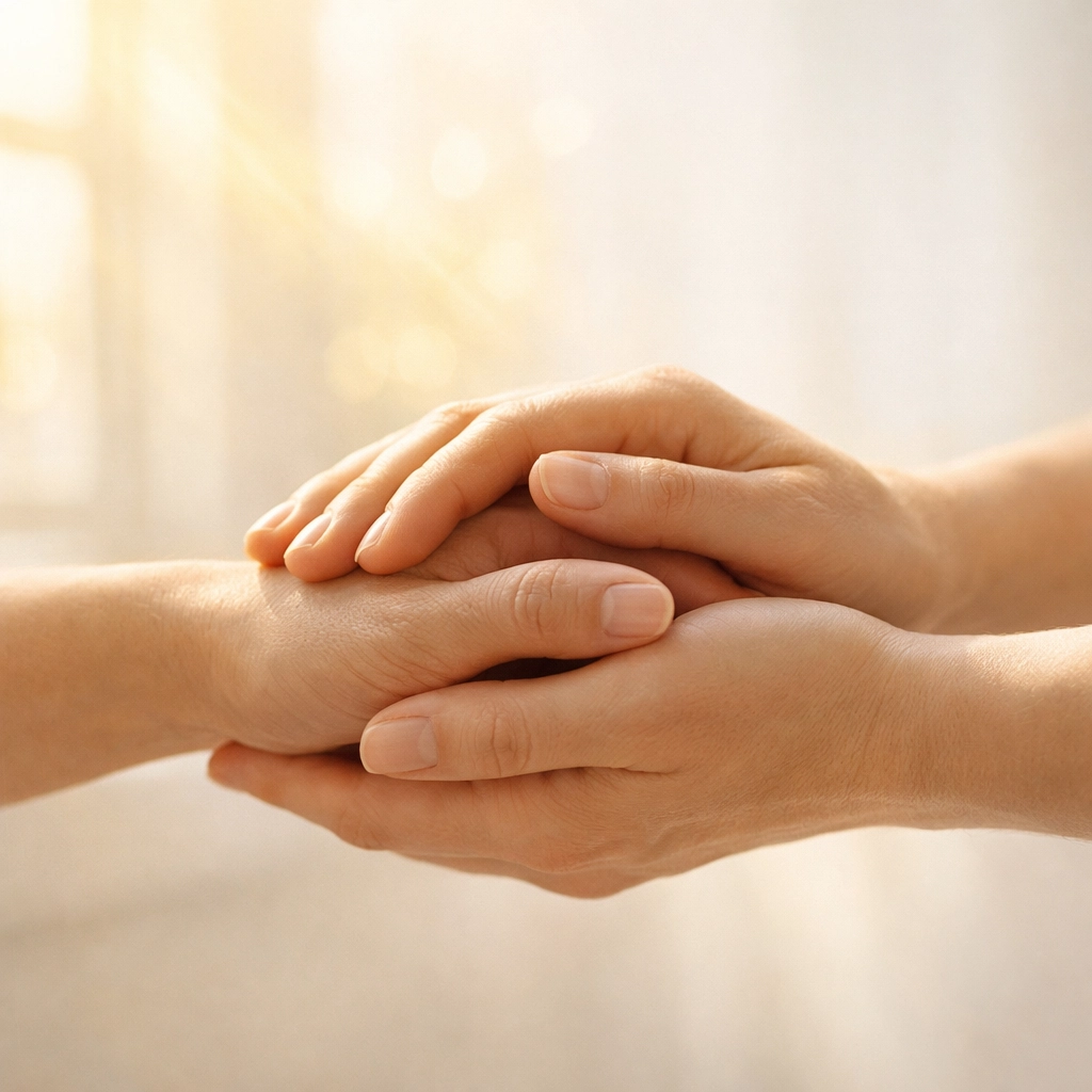 Two hands connecting in healing gesture representing spiritual guidance from loved ones