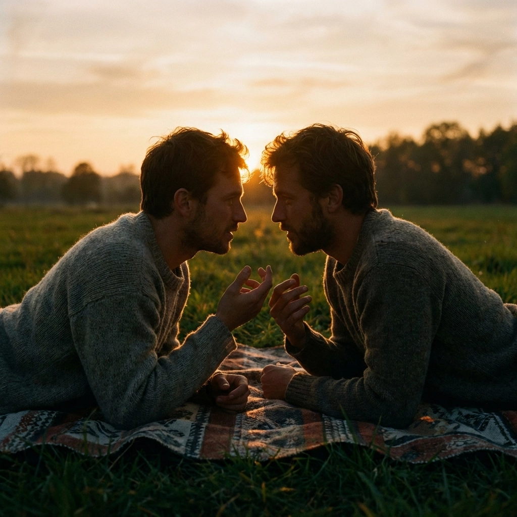 Gay men in deep conversation at clothing-optional picnic sharing authentic moment together