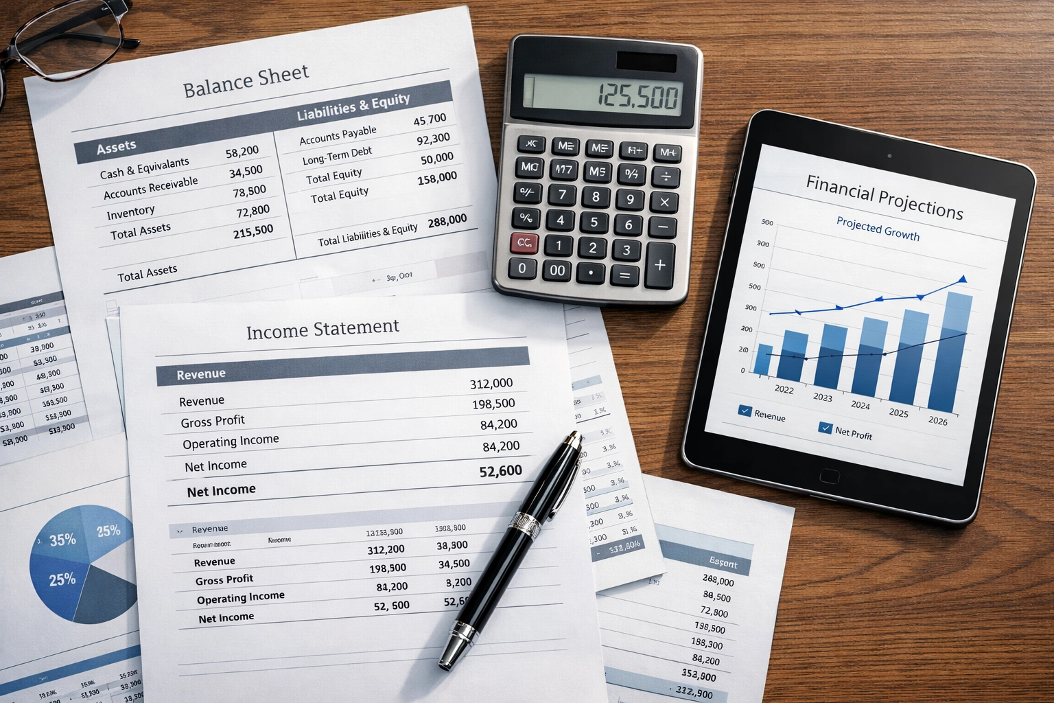 Organized financial statements and business valuation documents for company sale preparation