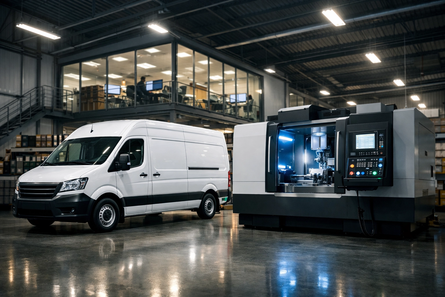 Modern warehouse with a delivery van and industrial machinery, perfect for equipment finance examples.