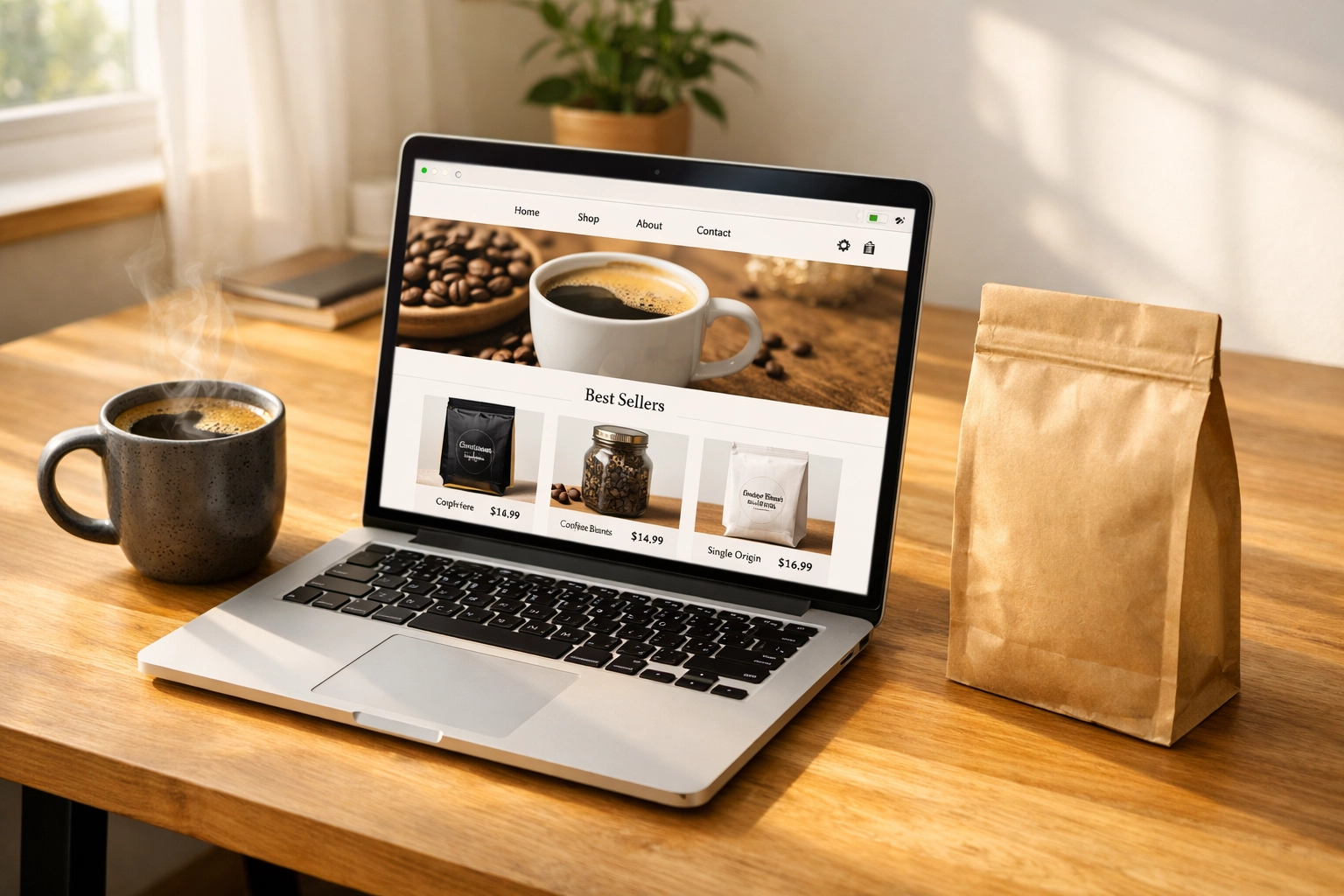 Home office setup for a coffee dropshipping UK business with fresh coffee and laptop.