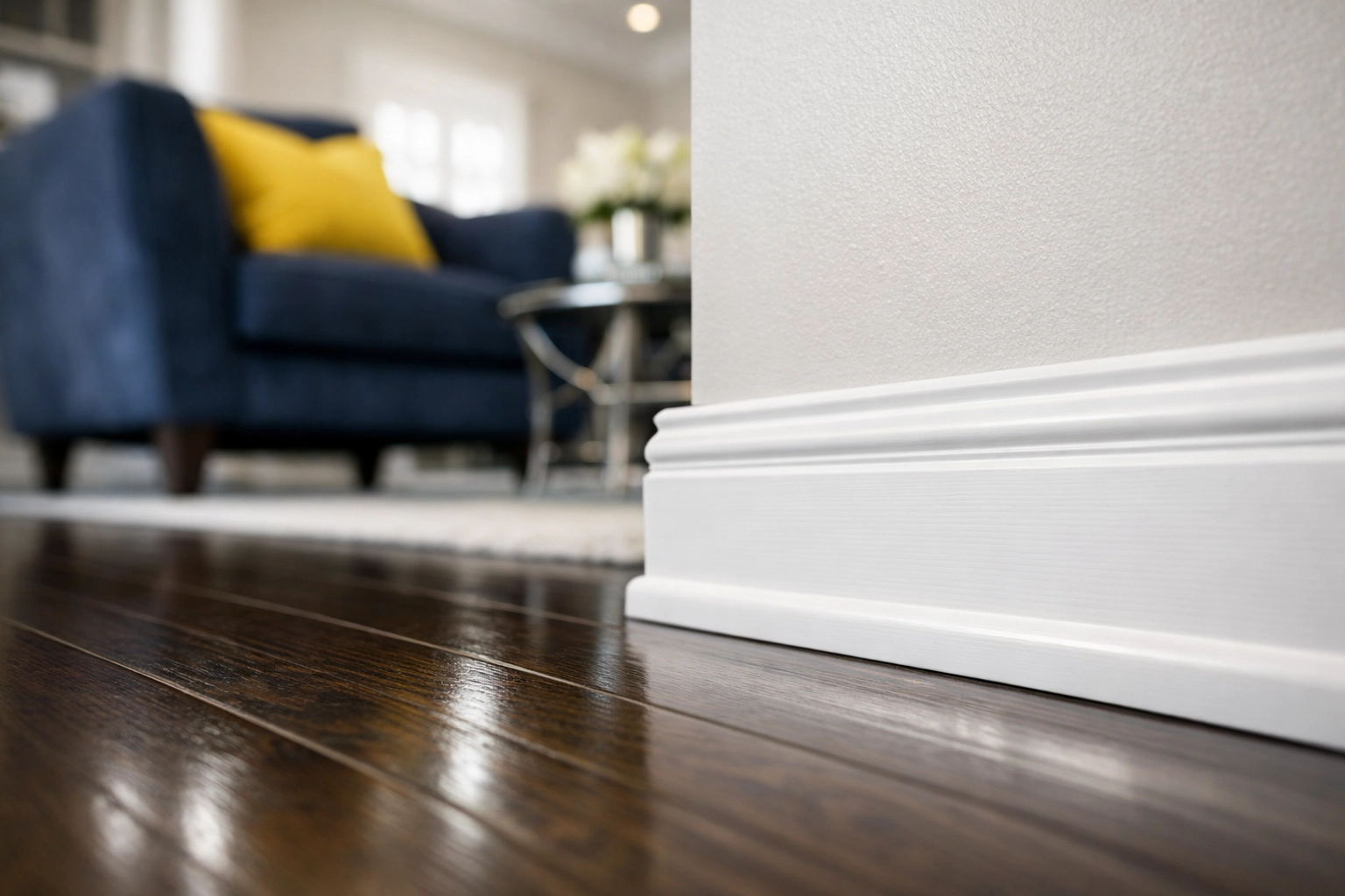Detail of hand-wiped white baseboards during a professional deep cleaning Lowell residential service.