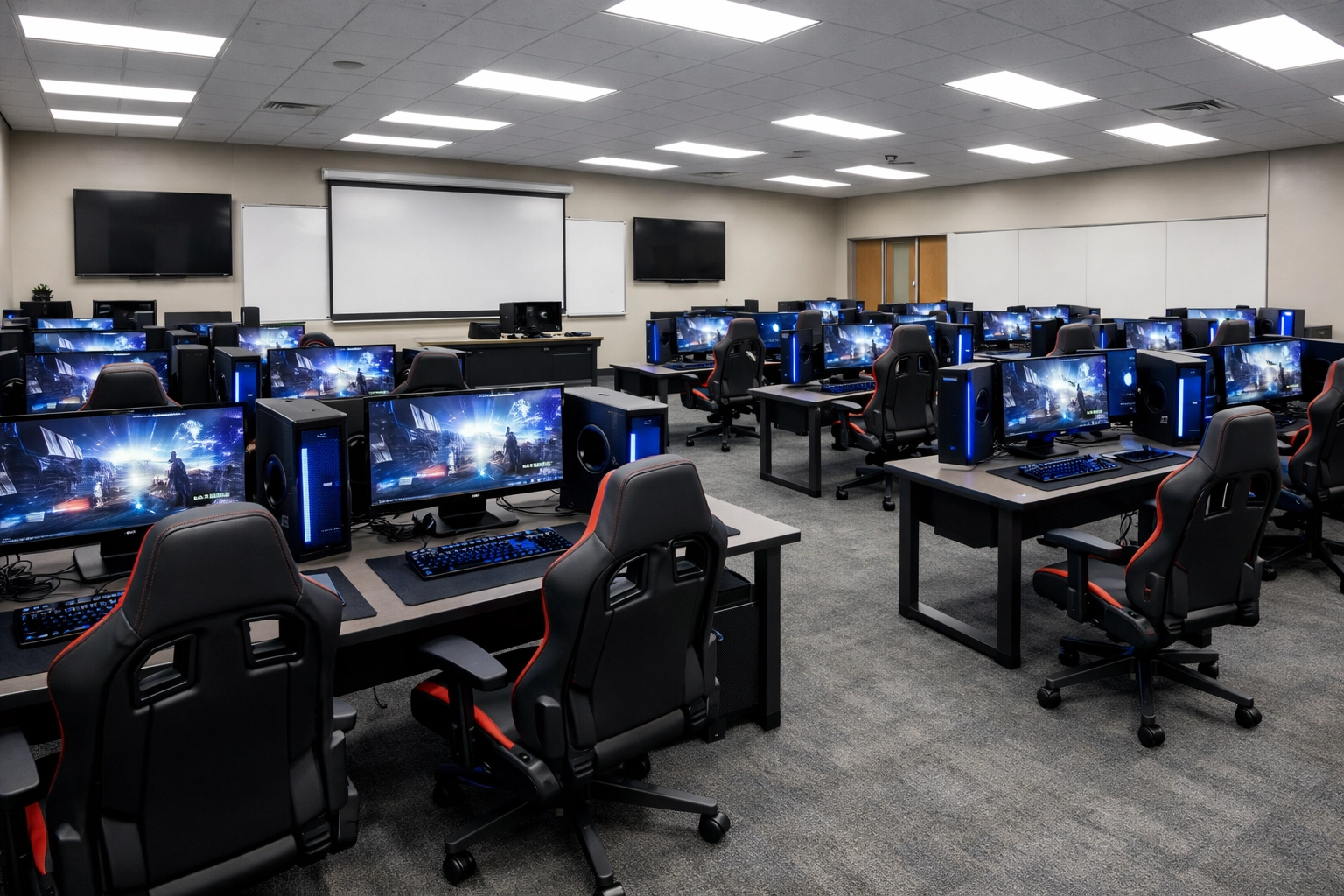 Professional high school esports lab with advanced gaming pods for student education.