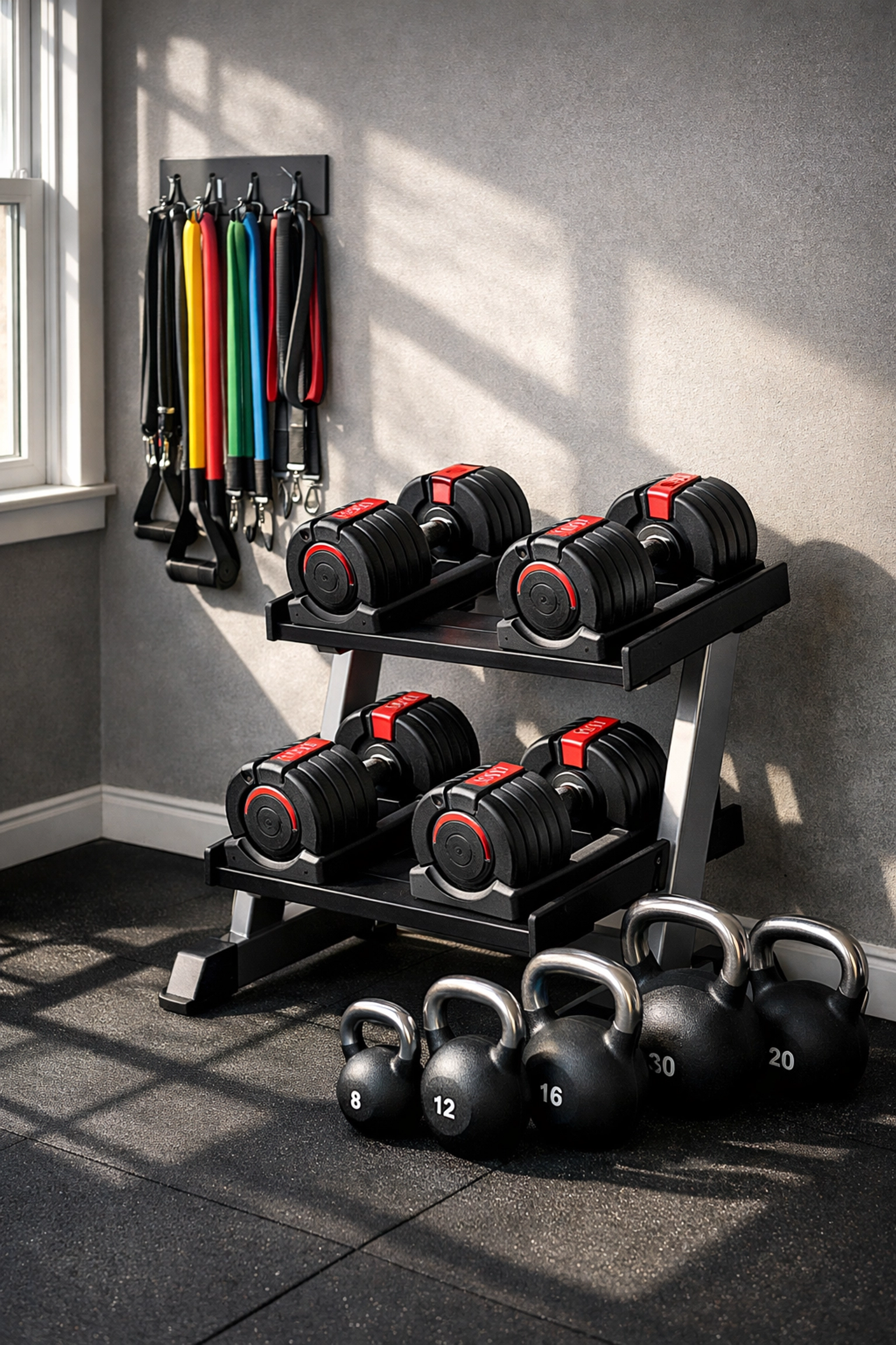 Essential home gym equipment including adjustable dumbbells, resistance bands, and kettlebells on rubber flooring