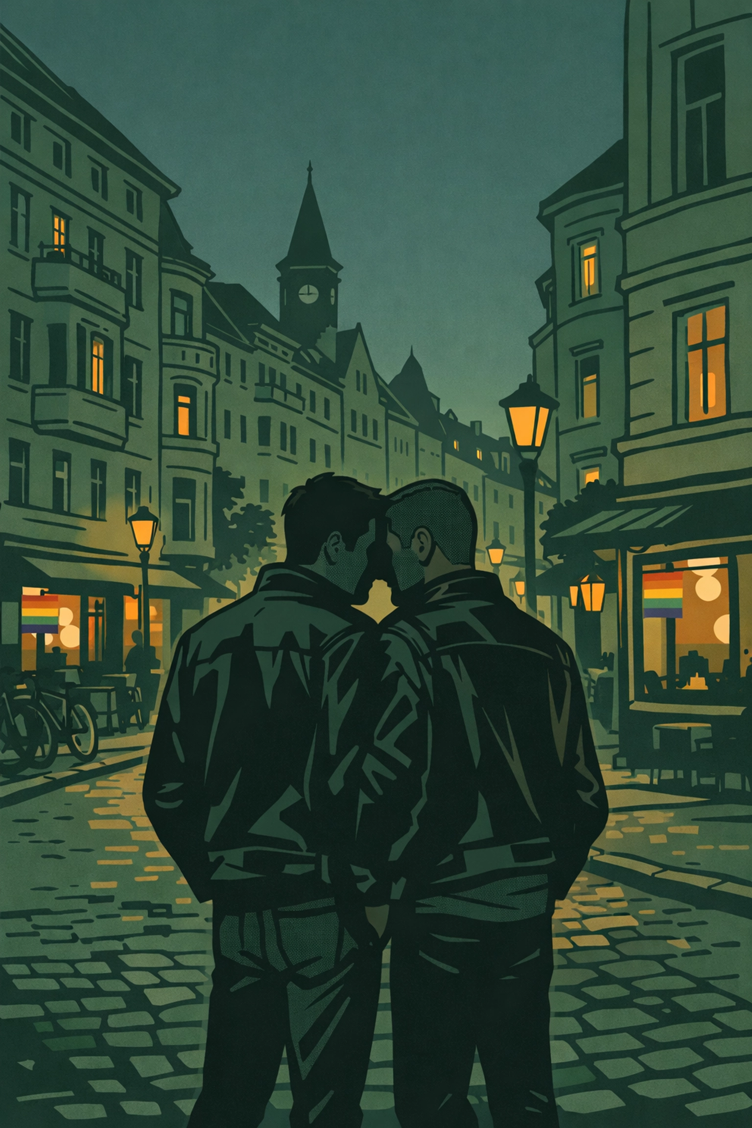 Two men in leather jackets in Berlin's historic Schöneberg gay district at dusk