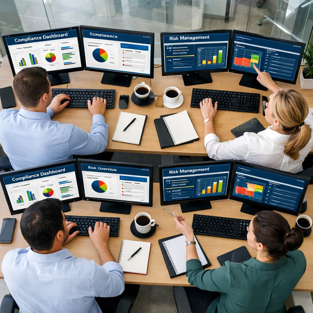 Financial services professionals monitoring ServiceNow compliance and risk management systems