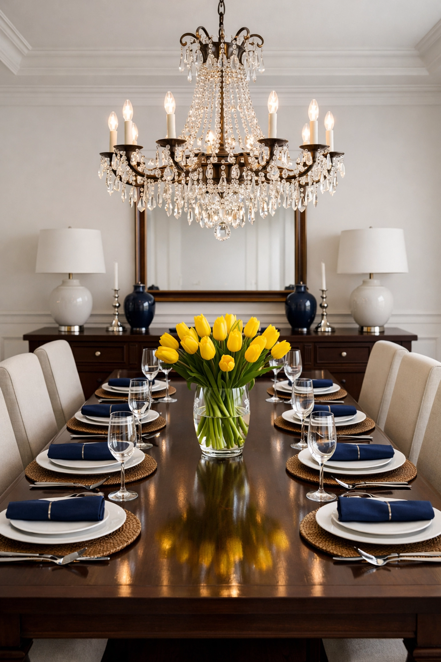 Staged dining room after a deep cleaning service, featuring a dust-free table and sparkling chandelier.
