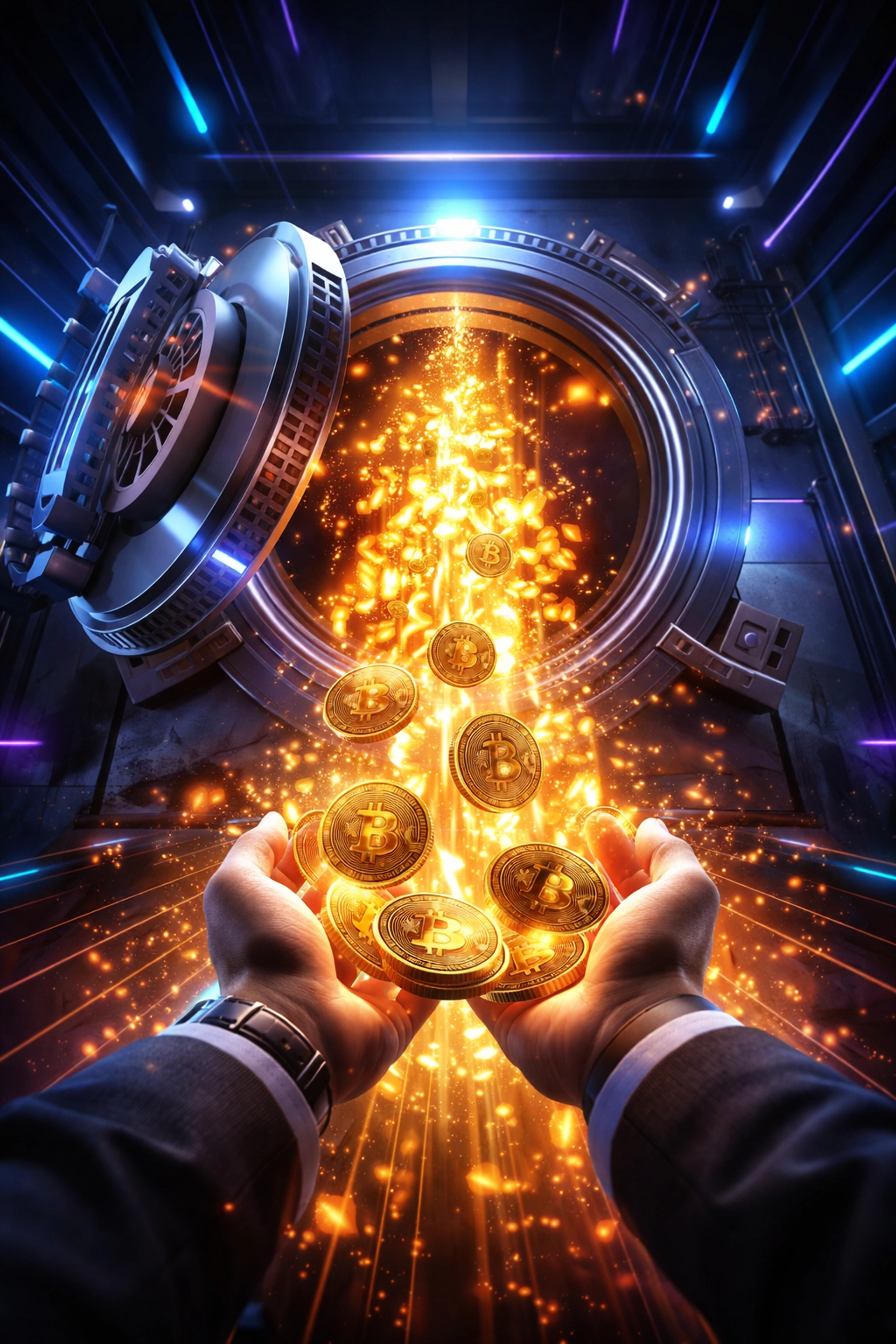 A digital vault releases gold cryptocurrency coins into a merchant's hands, representing self-custody, financial freedom, and reduced merchant interchange fees with Web3 payments.