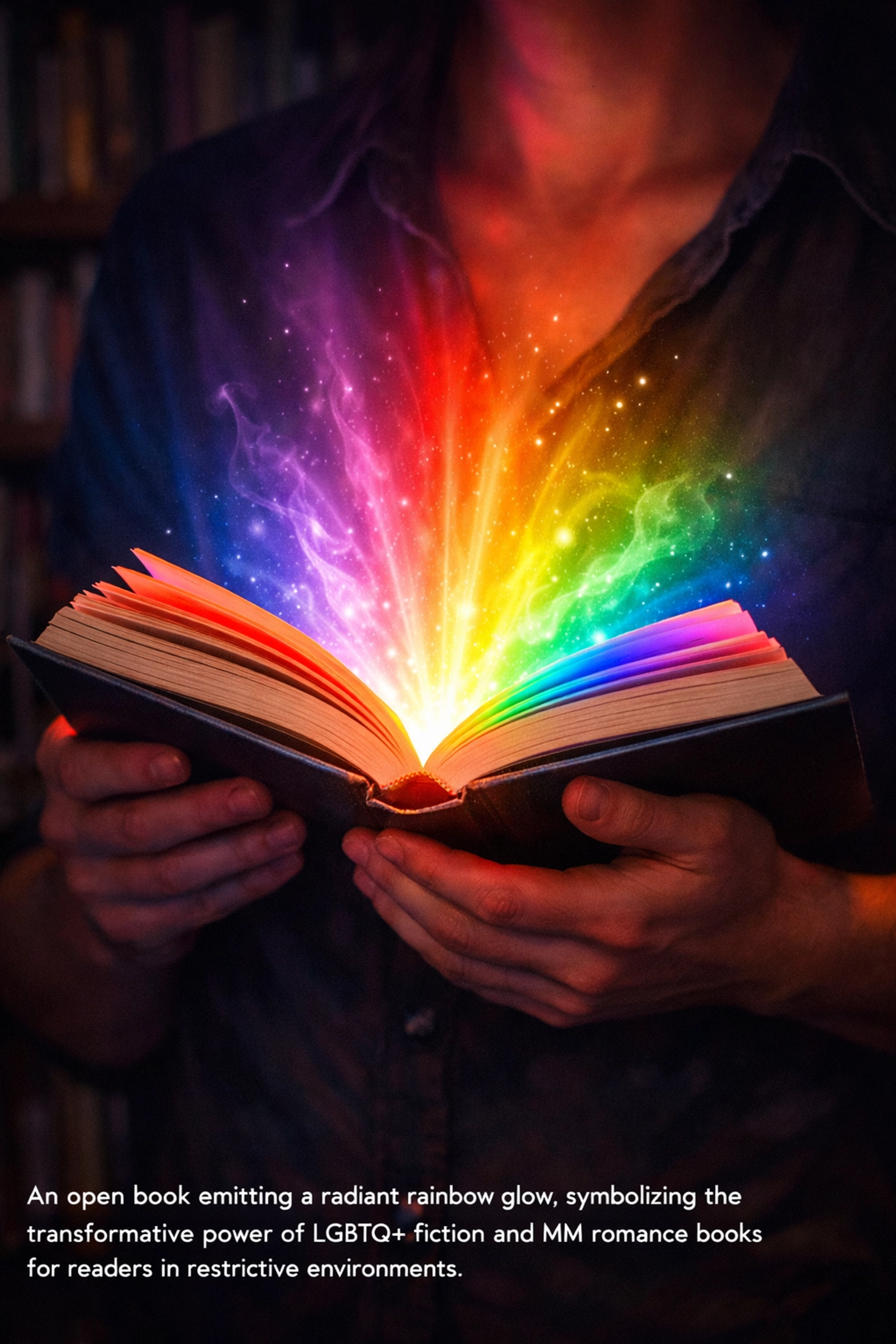 Hands holding an LGBTQ+ book glowing with rainbow light, symbolizing hope and queer literature.