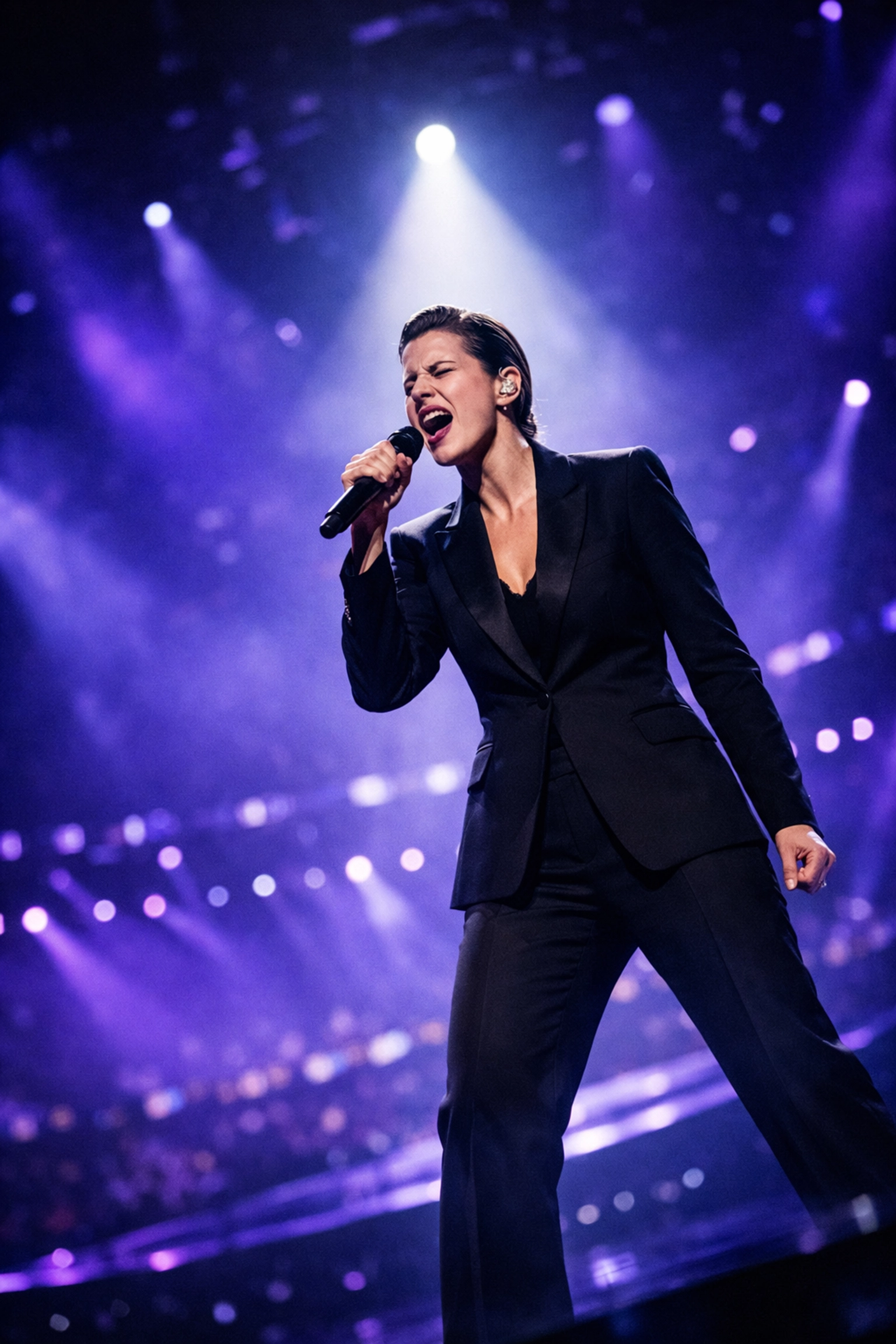 Powerful female Eurovision performer singing solo on stage in dramatic spotlight