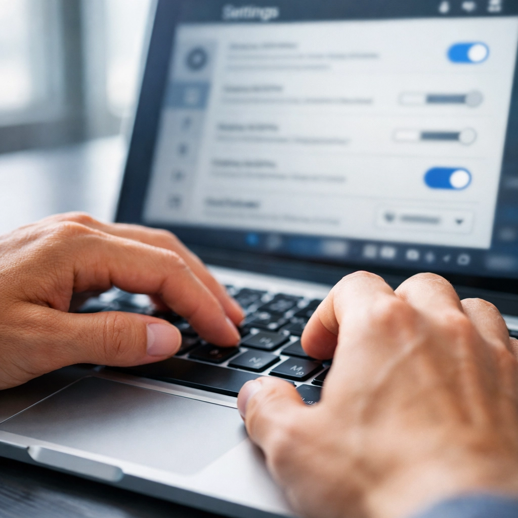 Hands typing on laptop keyboard configuring Outlook settings to disable problematic add-ins