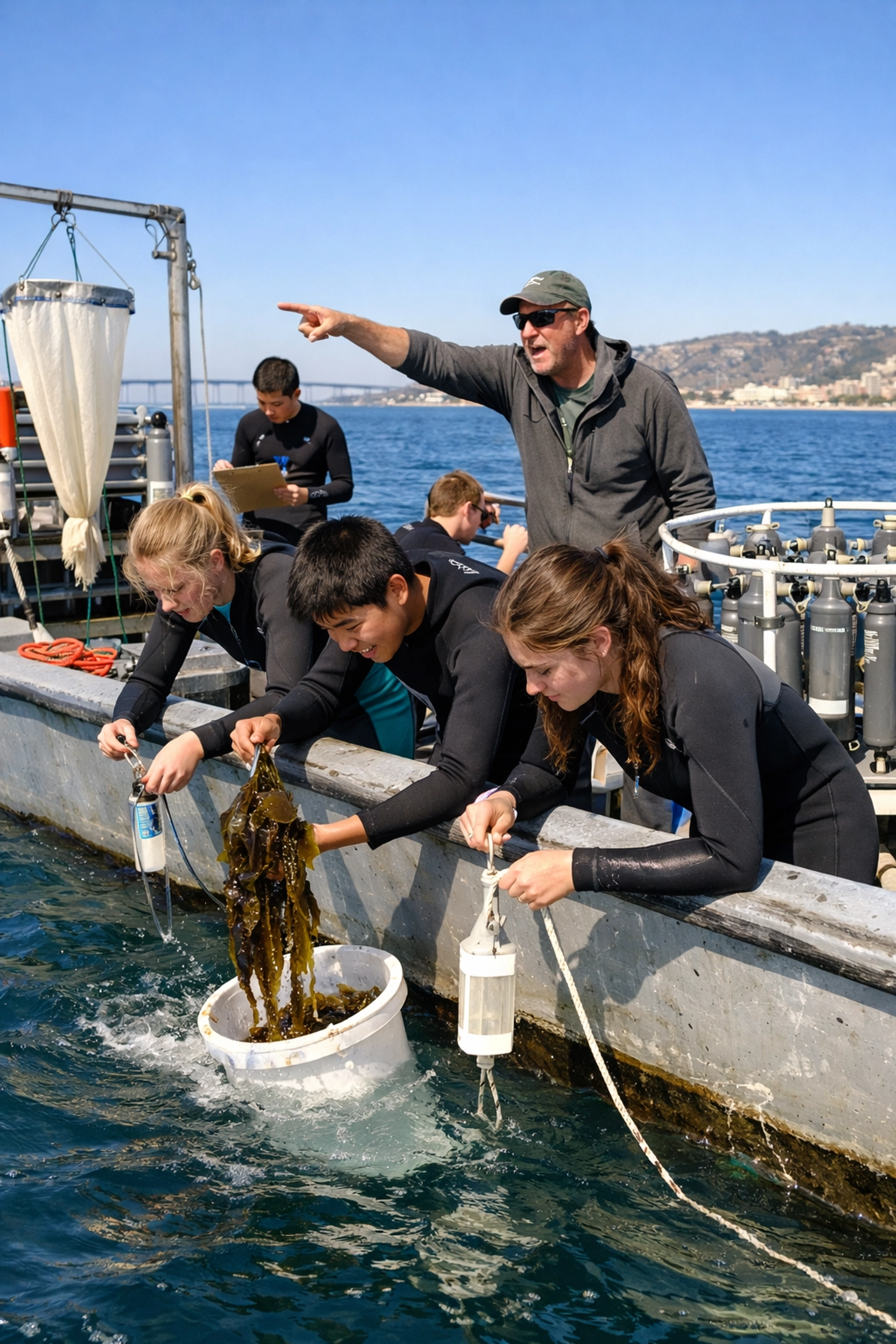 High school students conducting marine science research on boat in San Diego Bay