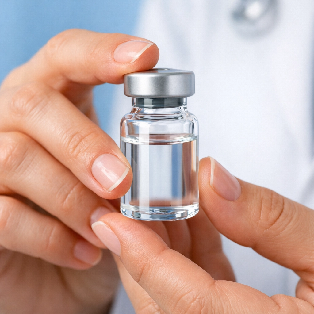 Licensed medical provider holding a vial of prescription weight loss medication safely.