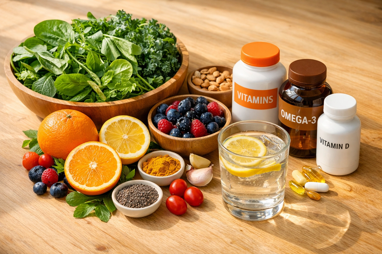 Fresh whole foods and supplements supporting IV therapy wellness and nutritional health