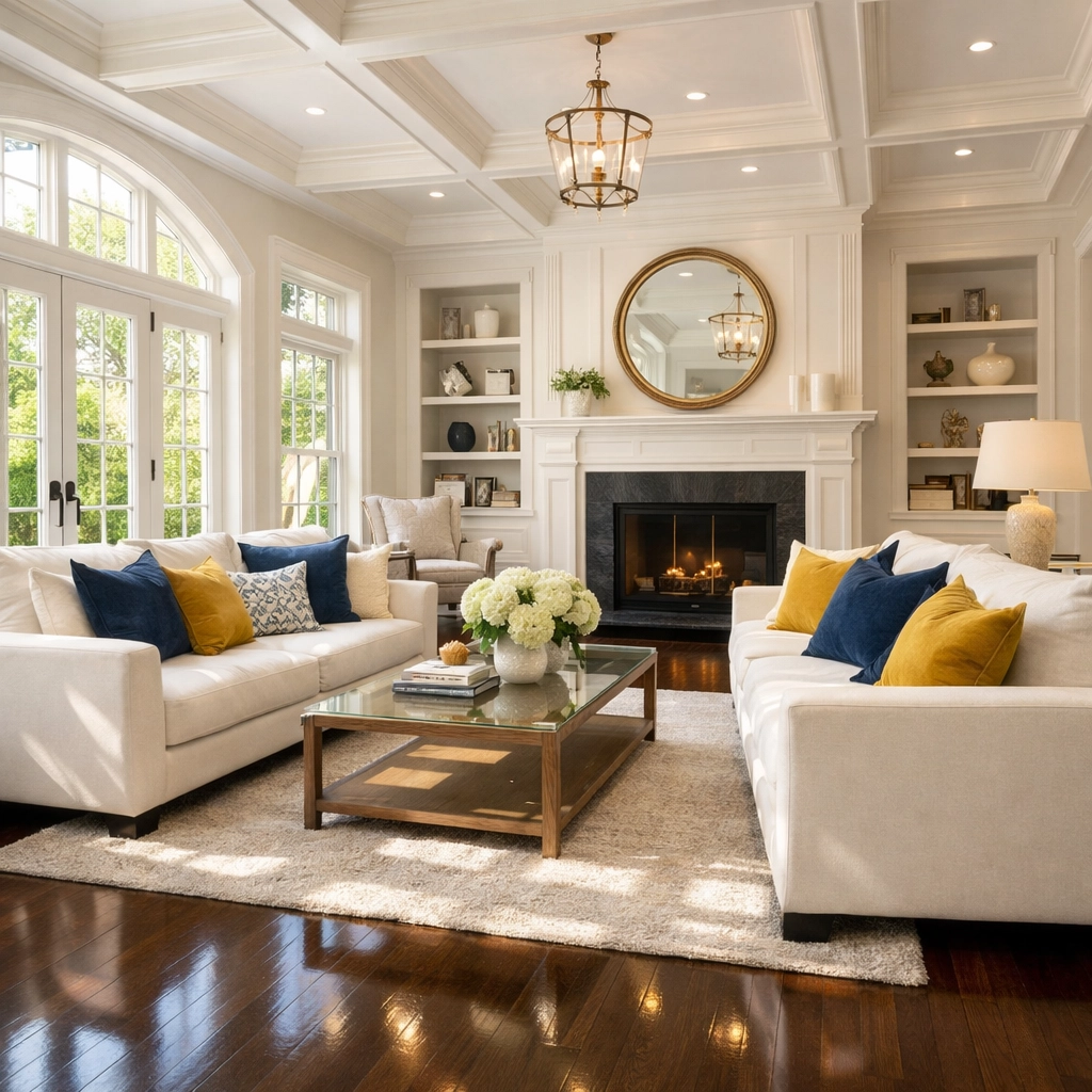 Sun-drenched Wellesley luxury home with polished floors by professional Janitorial Services Massachusetts.