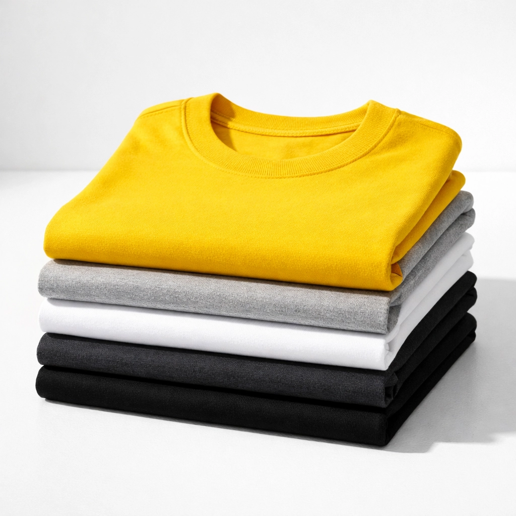 A stack of high-quality, folded custom t shirts in multiple colors including energetic yellow and grey.