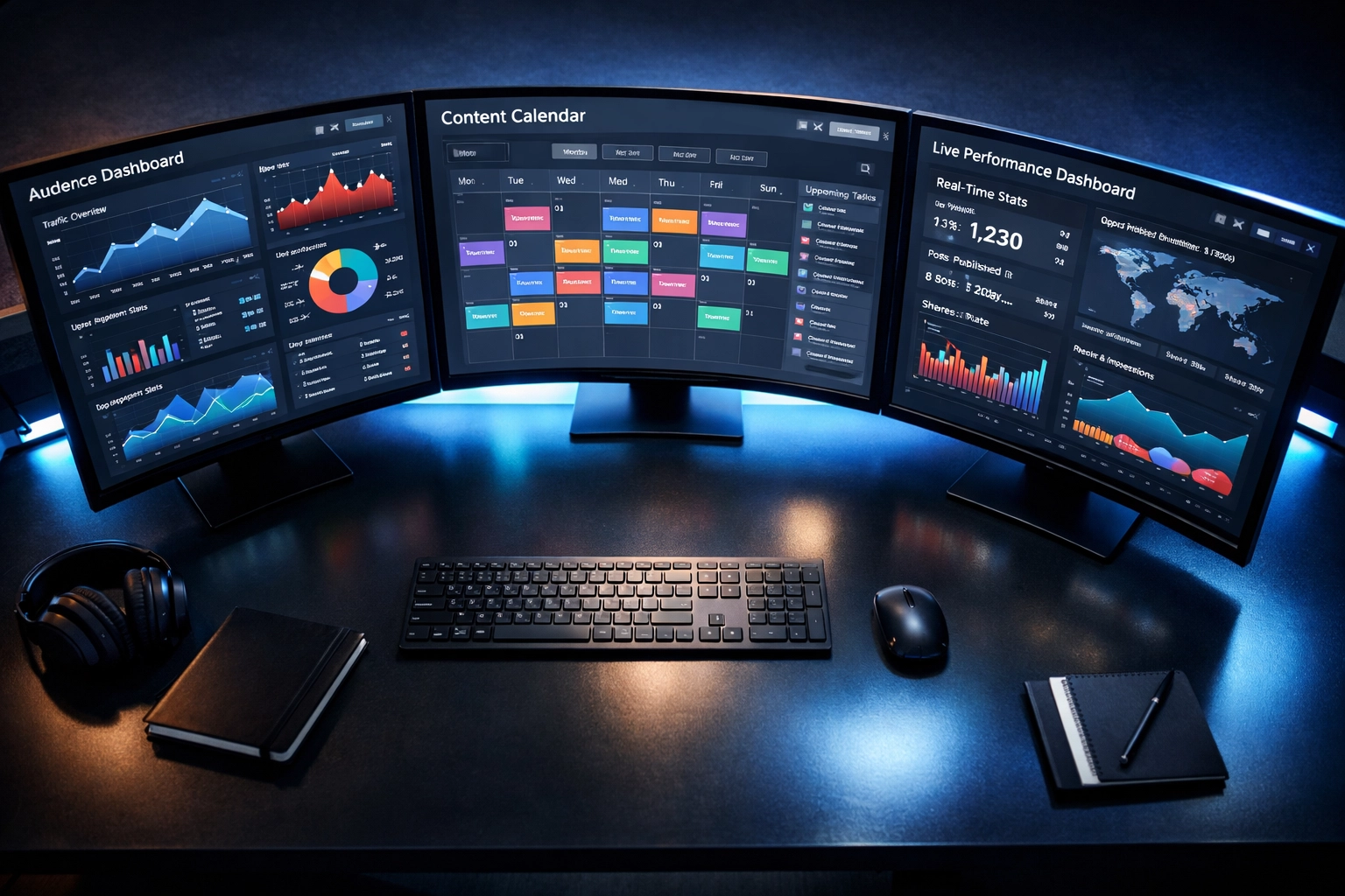 Modern content management dashboard displaying Dakdan's automated publishing analytics and scheduling system
