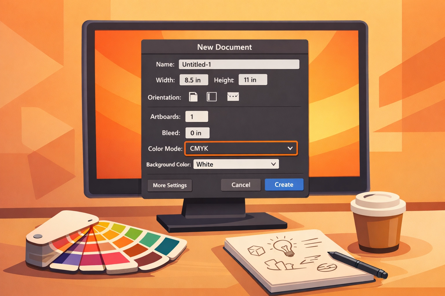 Adobe Illustrator document setup showing CMYK color mode selection for print-ready files