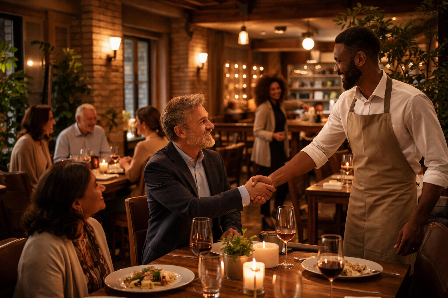 Restaurant staff warmly greeting returning guests, building customer loyalty through personal connections
