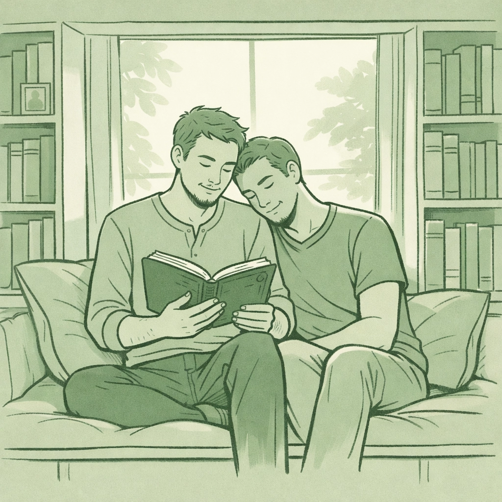 Gay couple reading MM romance books and family journals together