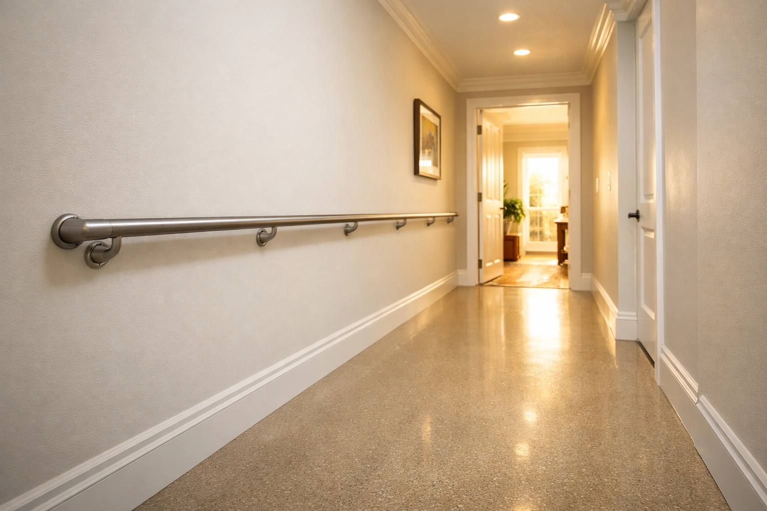 Securely mounted minimalist wall handrail in a well-lit hallway providing a safe path for seniors at home.
