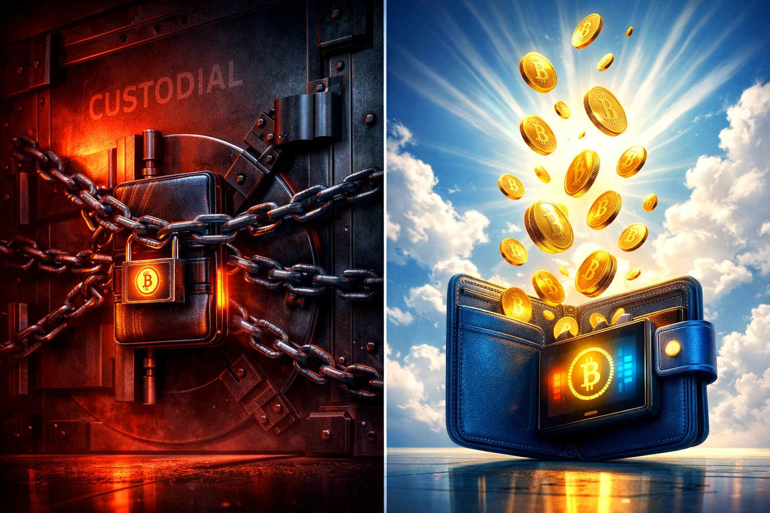 Custodial vs self-custody crypto payment comparison showing locked wallet versus free-flowing coins