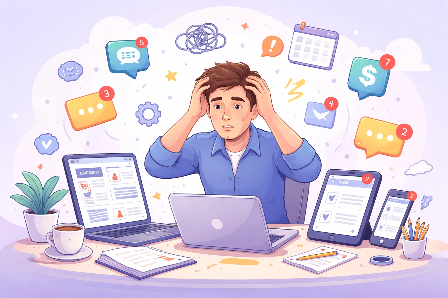 Stressed small business owner surrounded by apps, illustrating the challenges of managing multiple business tools for HR, CRM, and projects.