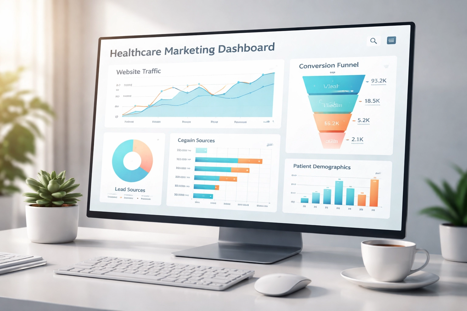 Healthcare marketing dashboard with graphs and charts representing ROI and patient conversion data