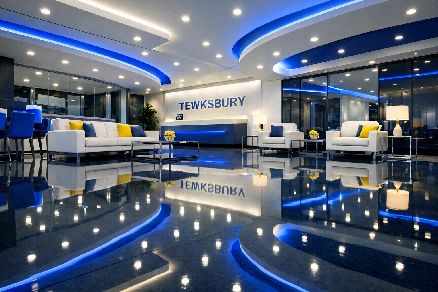 A modern commercial lobby featuring impeccable, high-gloss floors cleaned by professionals.