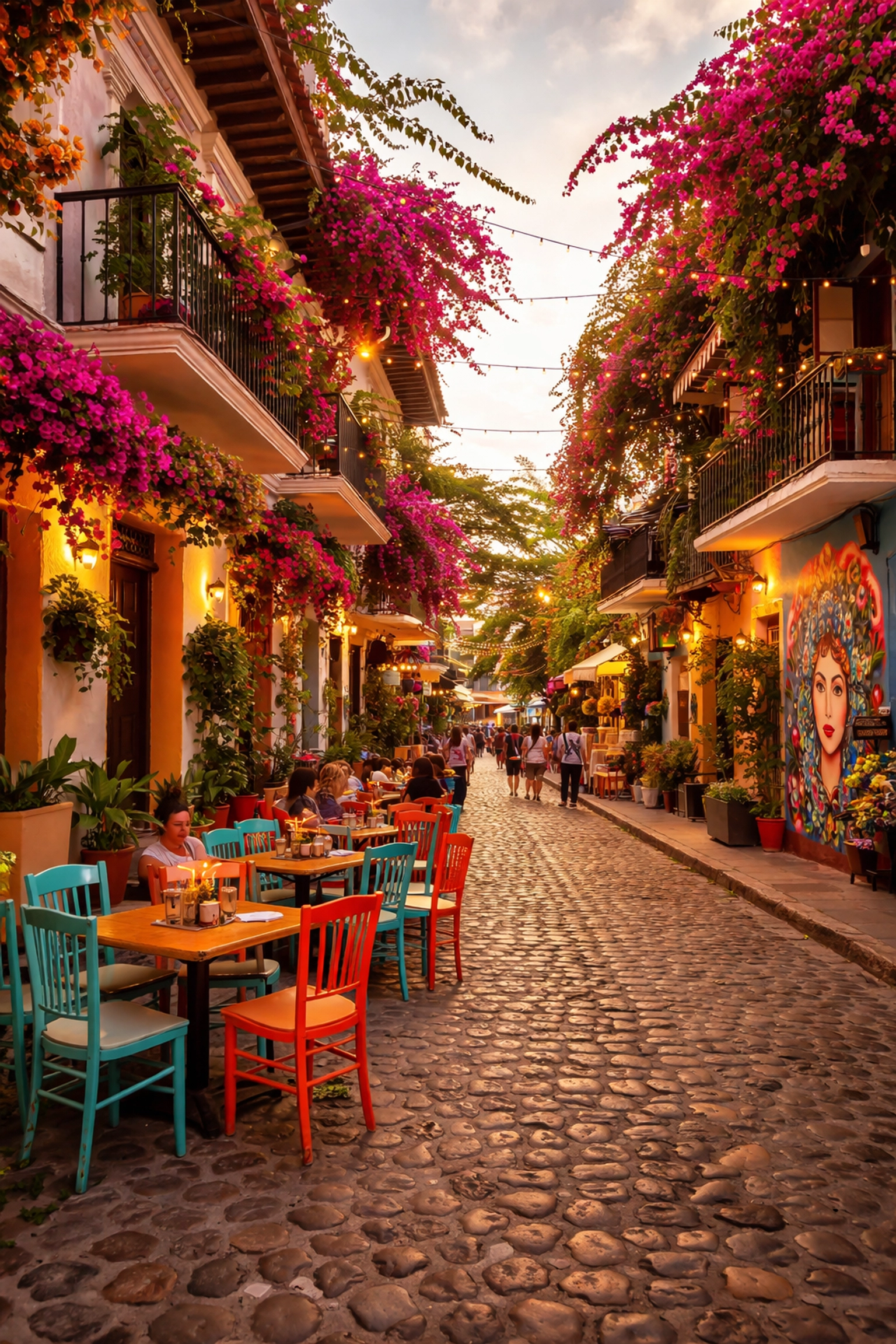 Cobblestone street scene in Zona Romántica, Puerto Vallarta with vibrant flowers and cozy cafés.