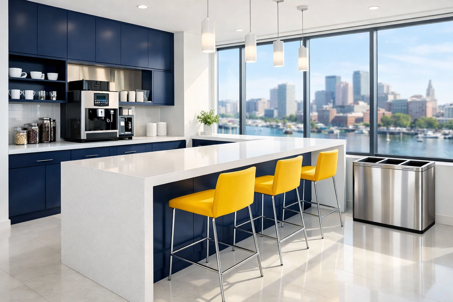 Spotless Worcester office breakroom with a polished stainless steel trash can and clean counters.