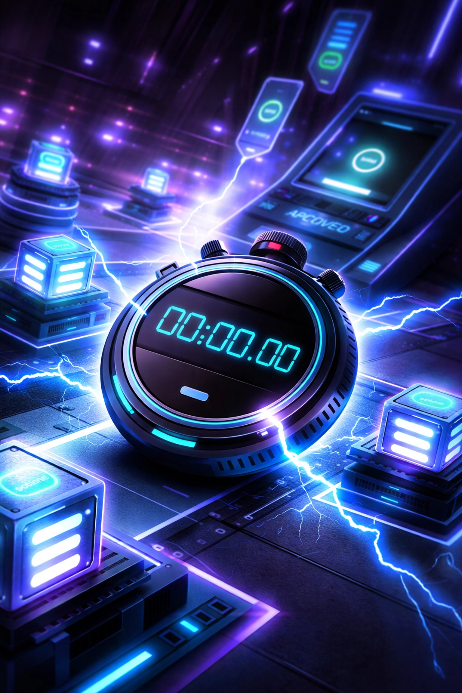 Digital stopwatch with Solana blockchain nodes and payment terminal highlights Larecoin’s instant crypto settlement for small business.