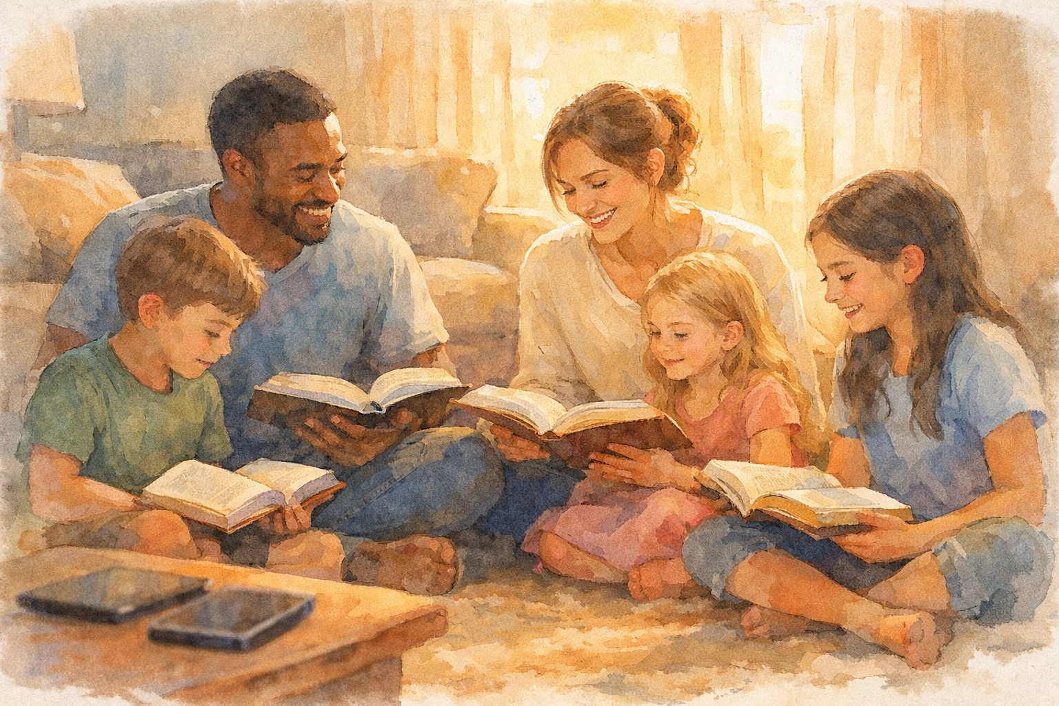Christian family reading Bible together during devotional time with devices set aside