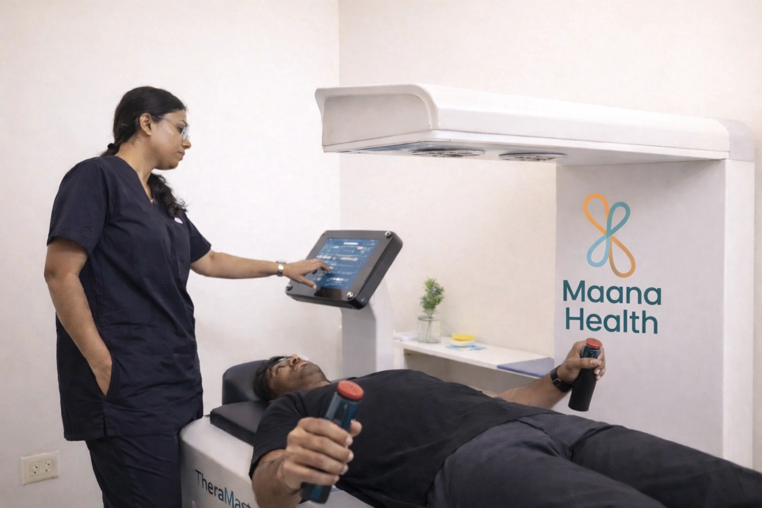 A Maana Health specialist operates the TheraMaster device for non-surgical spinal decompression therapy, focusing on disc healing.