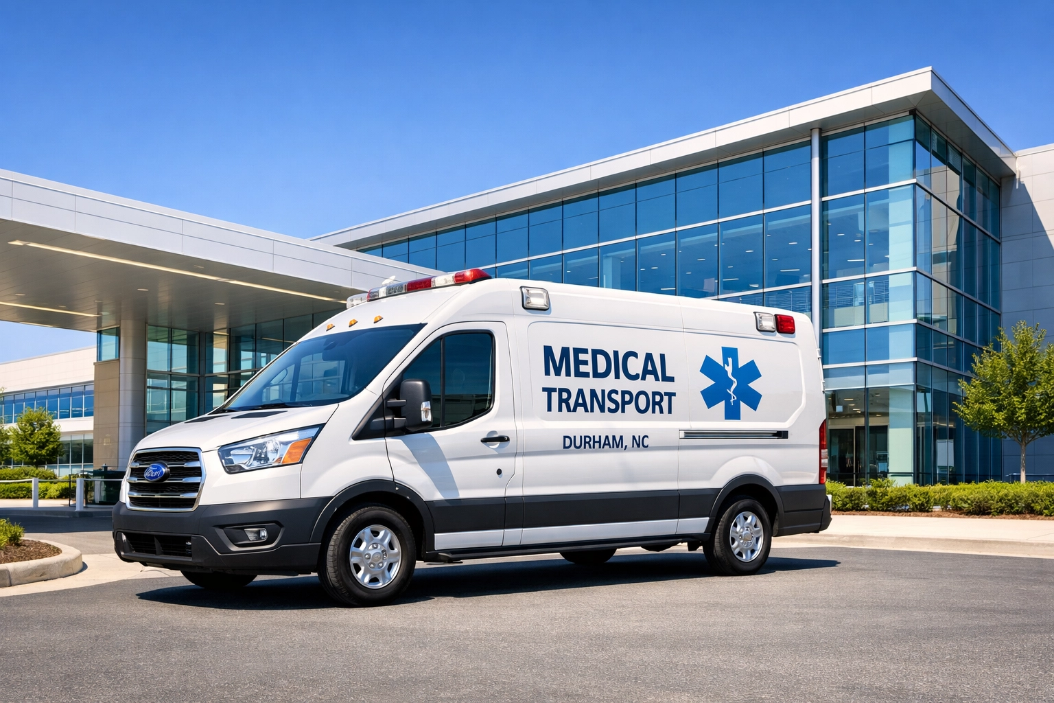 Reliable medical transport Durham NC vehicle parked outside a modern healthcare facility for dialysis.