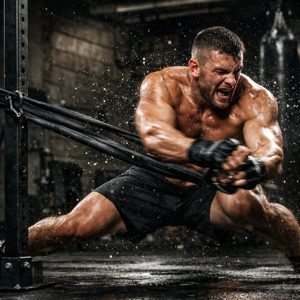 MMA fighter training with resistance bands on a floor to ceiling gym system for explosive power.