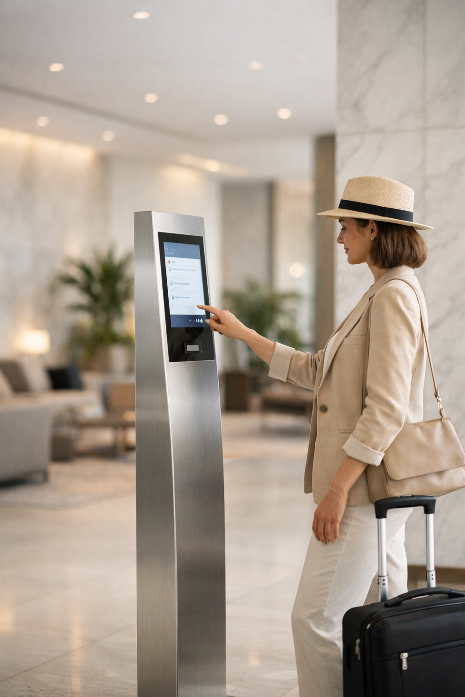 A guest using a minimalist self-check-in kiosk in a modern, high-end hotel lobby.