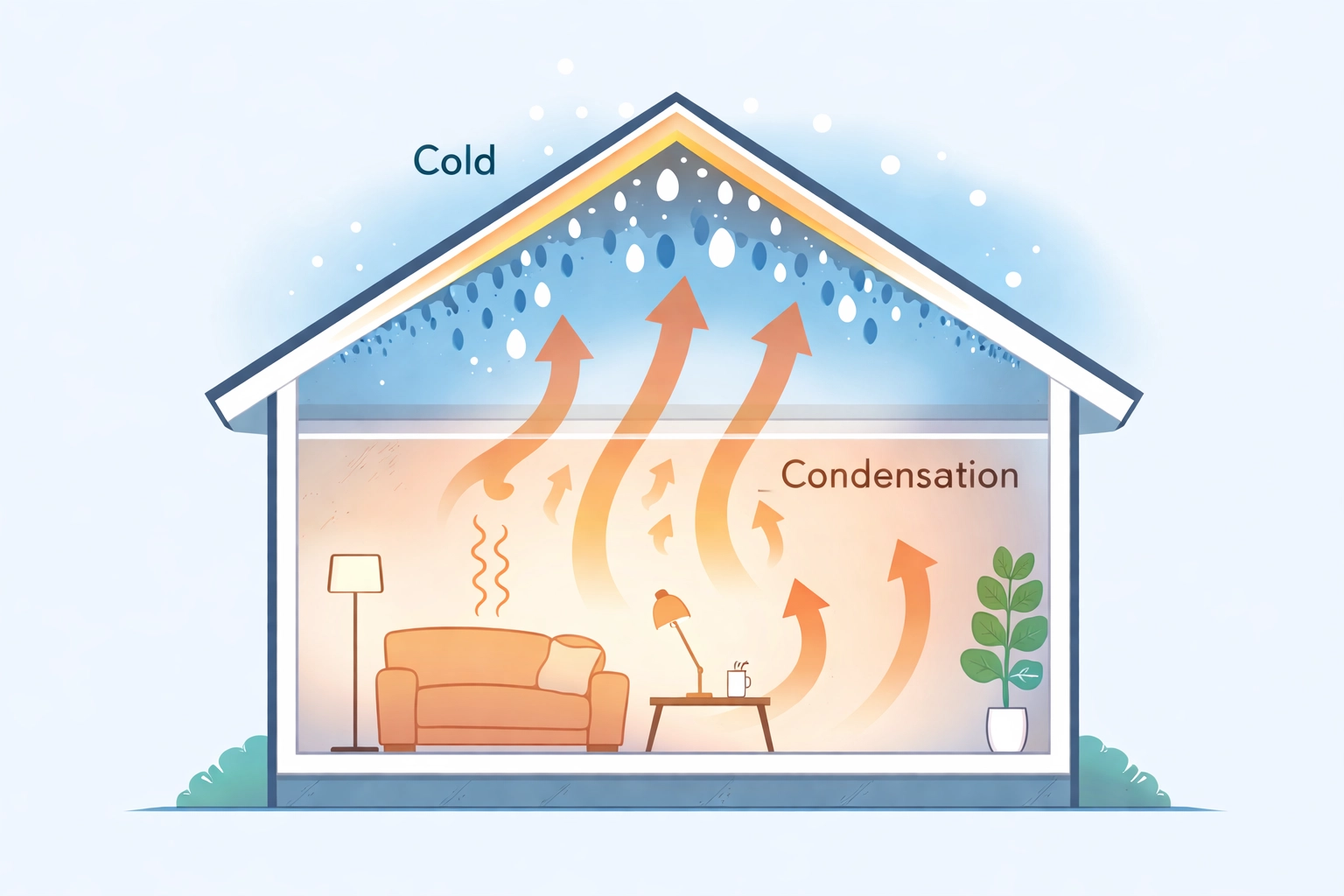 Diagram of warm air rising into a cold loft, showing loft condensation and moisture buildup on roof timbers.