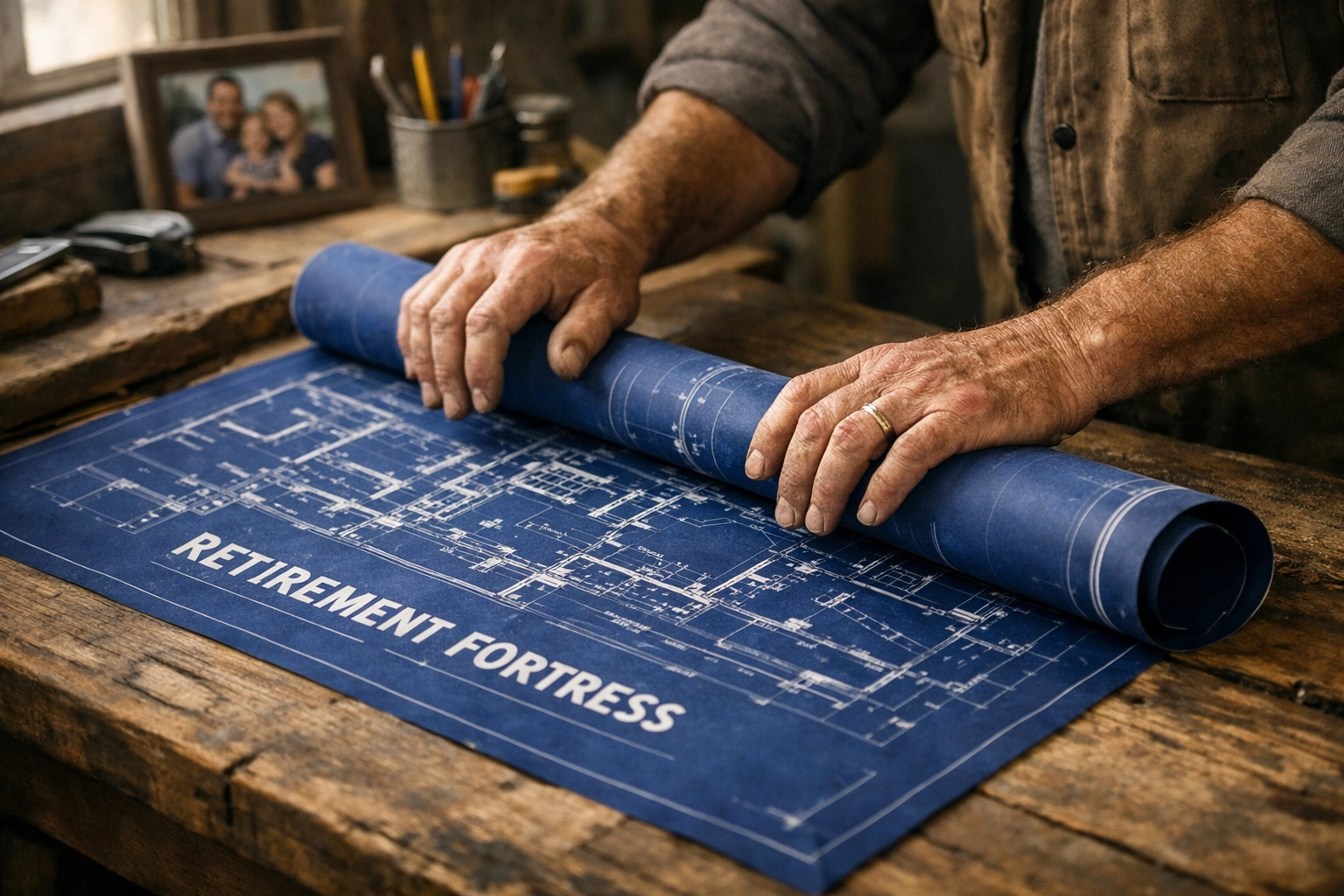 Hands of a tradesperson reviewing a blueprint for a Retirement Fortress and long-term legacy wealth plan.