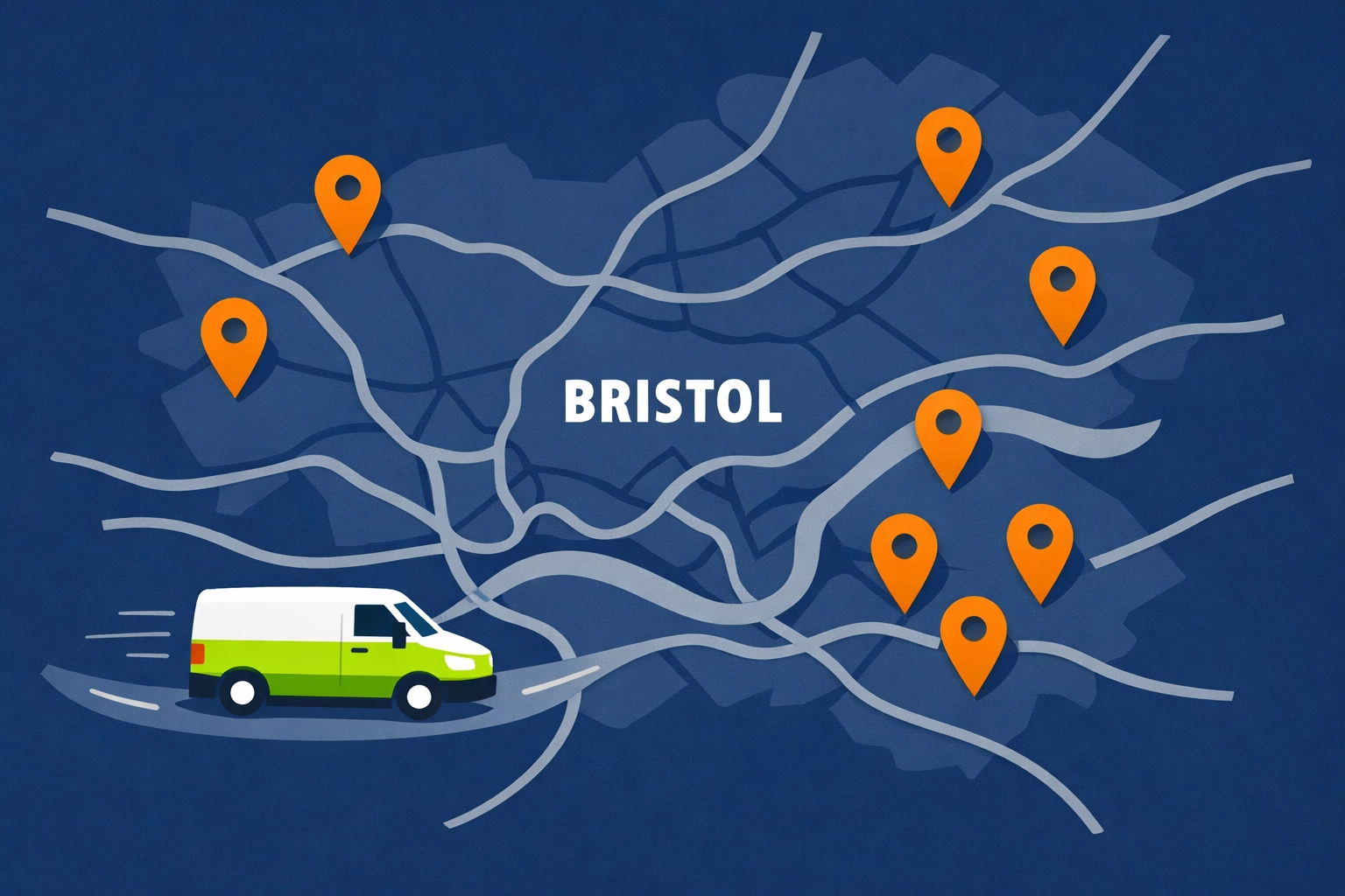 Illustration showing local locksmith service areas across Bristol with a professional service van.