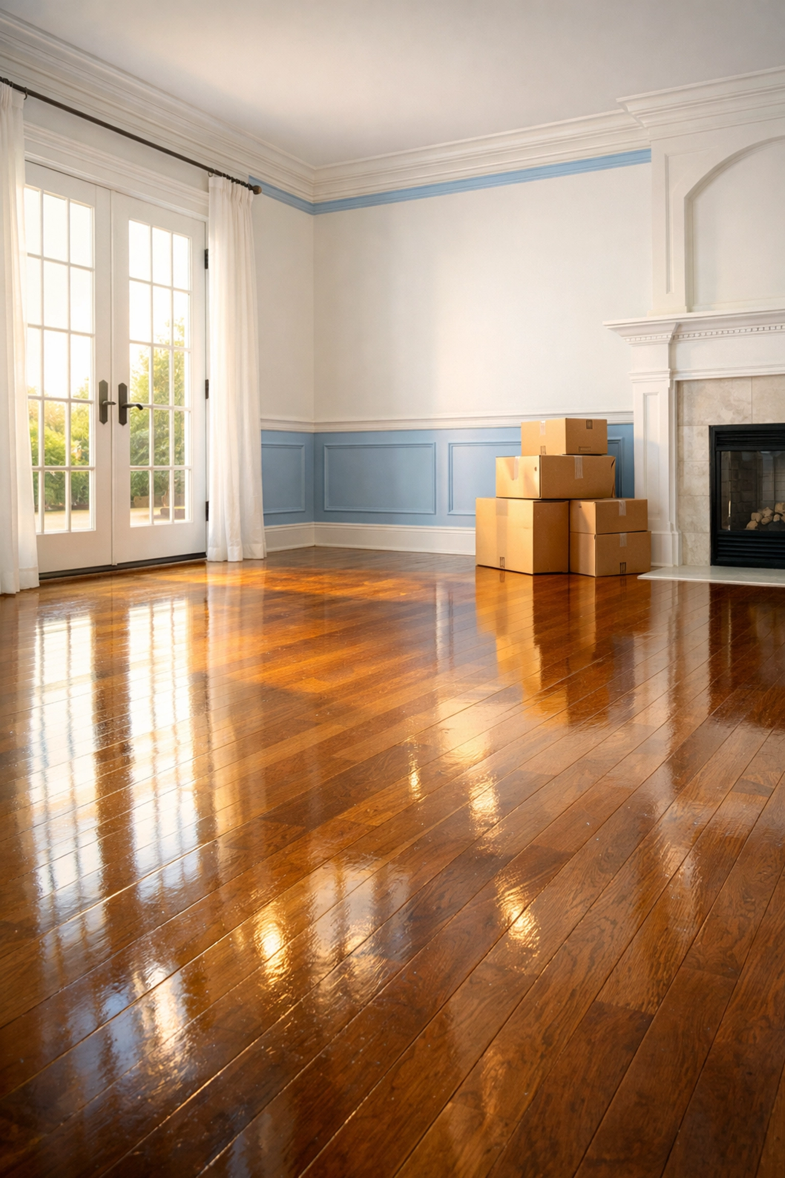 Sun-drenched empty living room in Leominster with polished floors ready for a stress-free move-in.