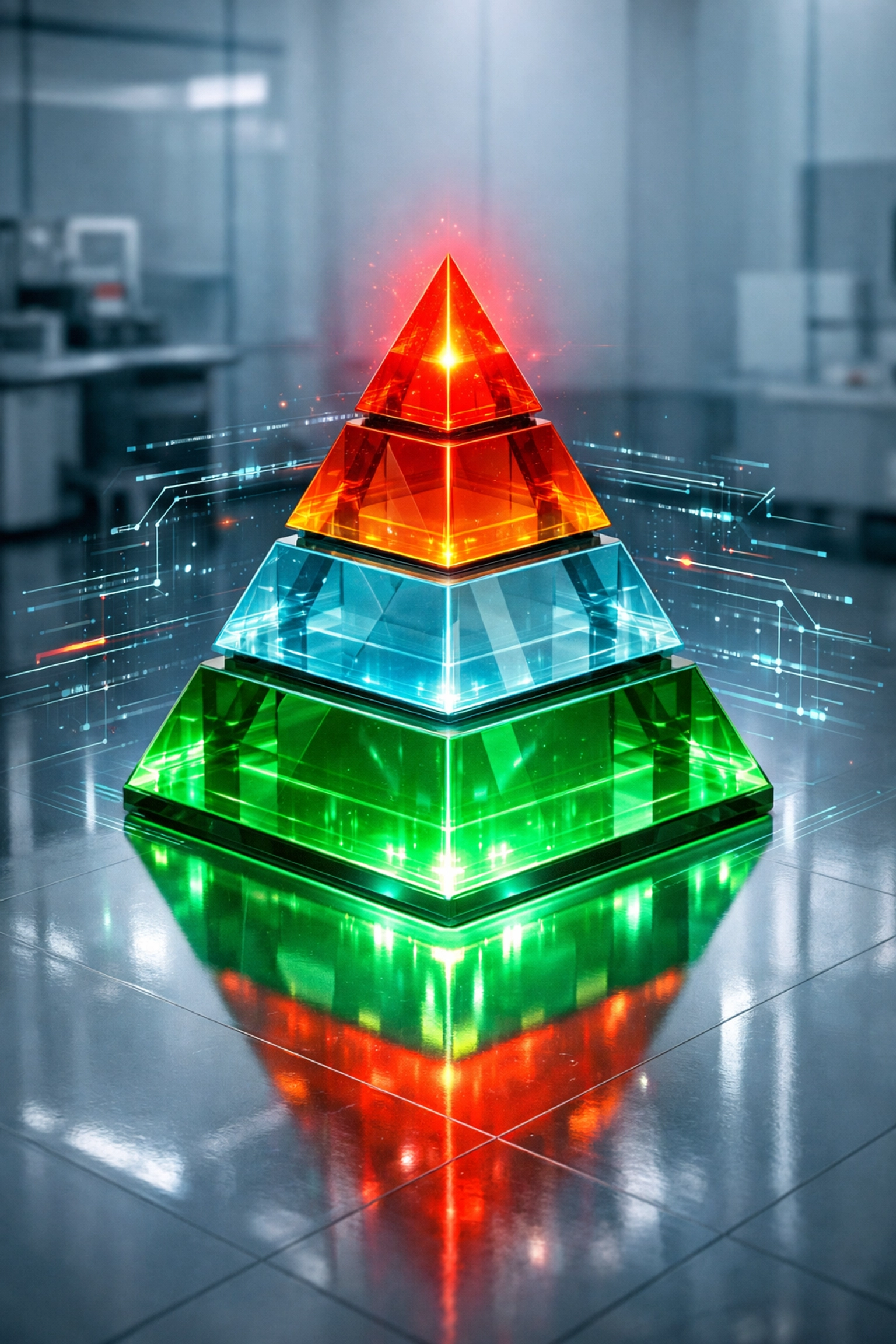 Die vier Risikoklassen des EU AI Acts als leuchtende Pyramide für die KI-Compliance in Unternehmen.