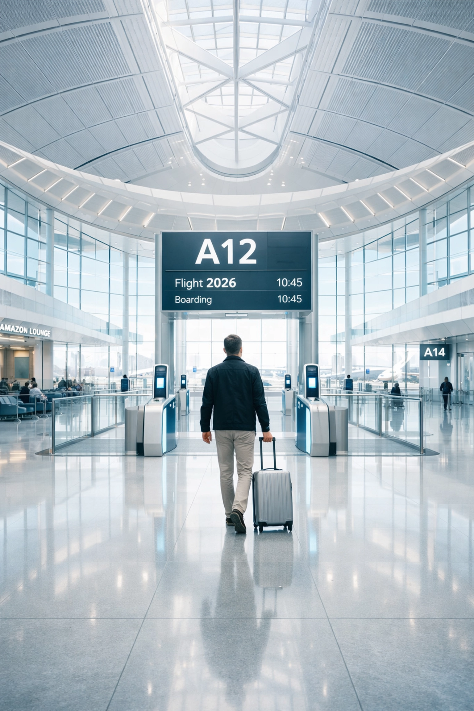 A solo traveller walking through a modern, futuristic airport terminal with a carry-on suitcase.