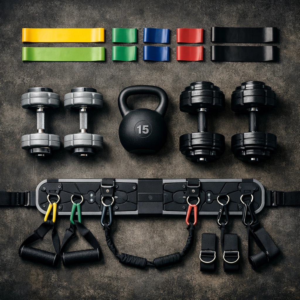 Home gym resistance training equipment including bands, dumbbells, and kettlebell arranged by intensity