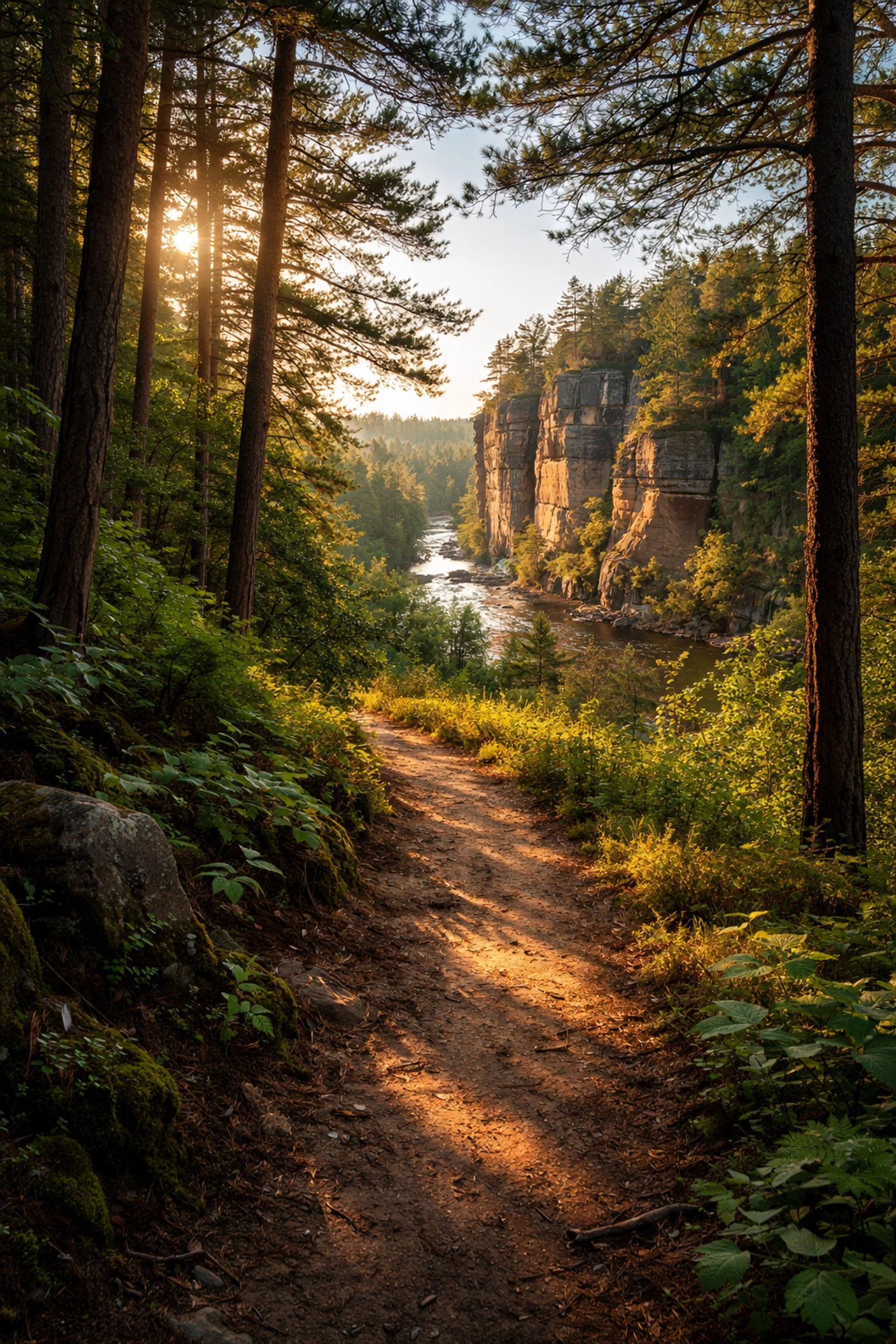 Scenic forest trail near sandstone cliffs and the Kettle River, just outside Banning State Park, Minnesota.