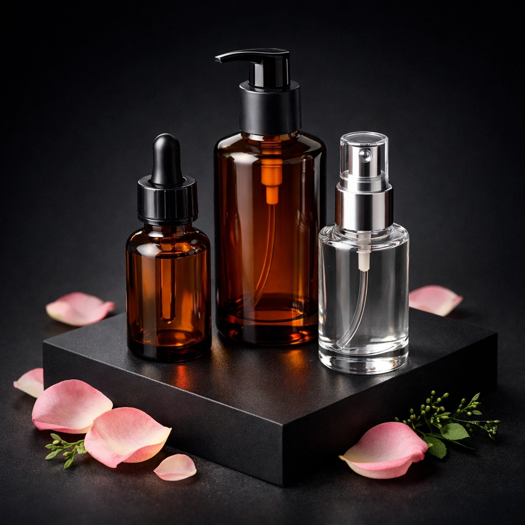 Sustainable glass packaging for clean apothecary skincare products with natural botanicals