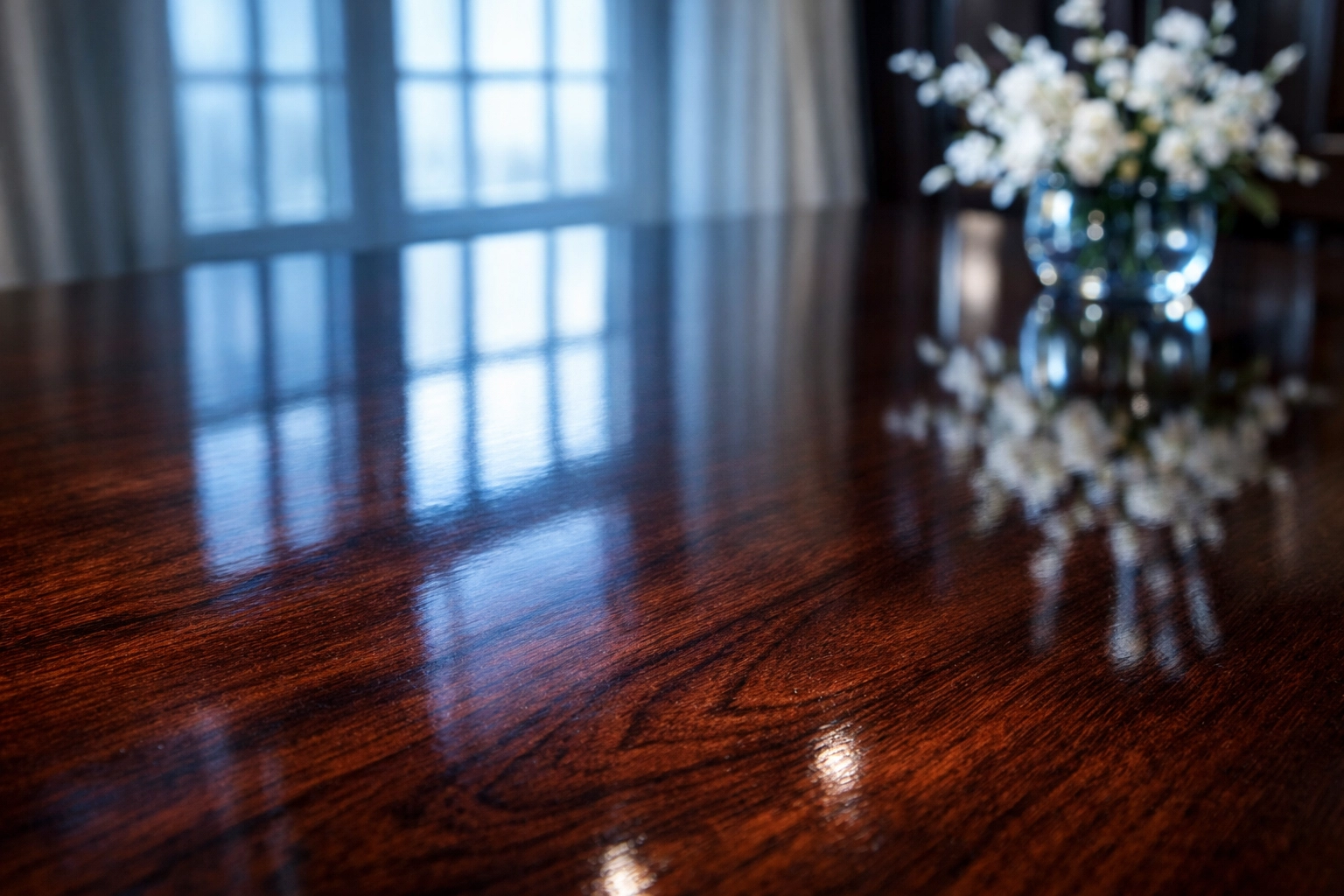 Close-up of a streak-free polished mahogany table showcasing high-end luxury cleaning in Hamilton.