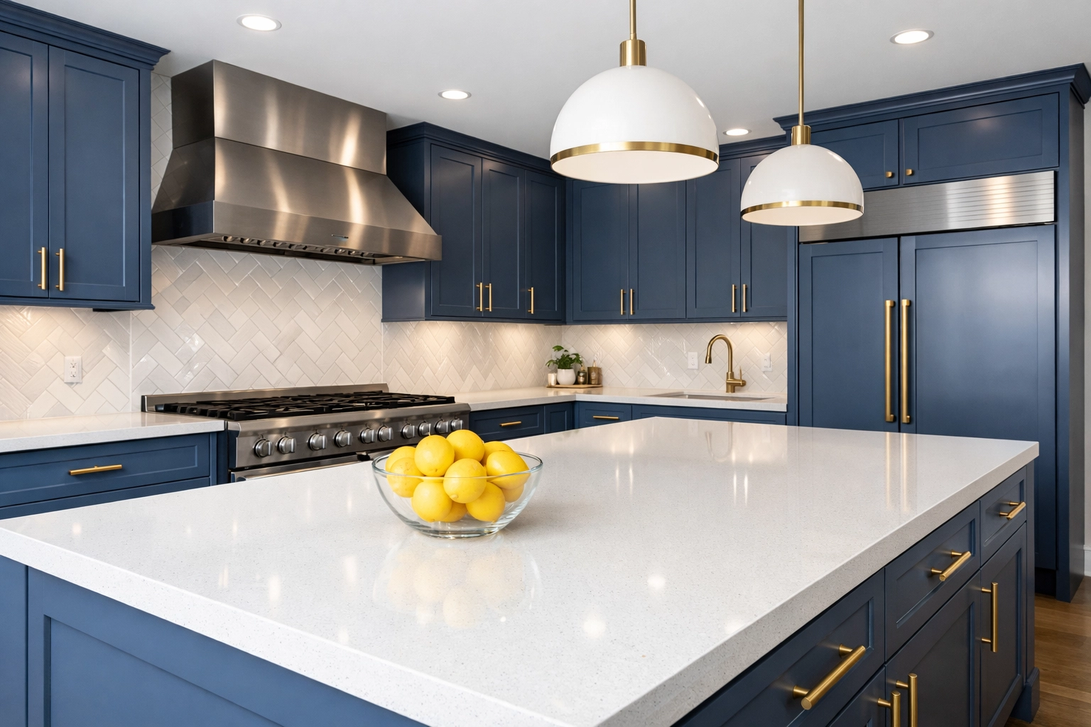 Modern kitchen with clean white countertops and blue cabinets from weekly house cleaning in Spencer, MA.